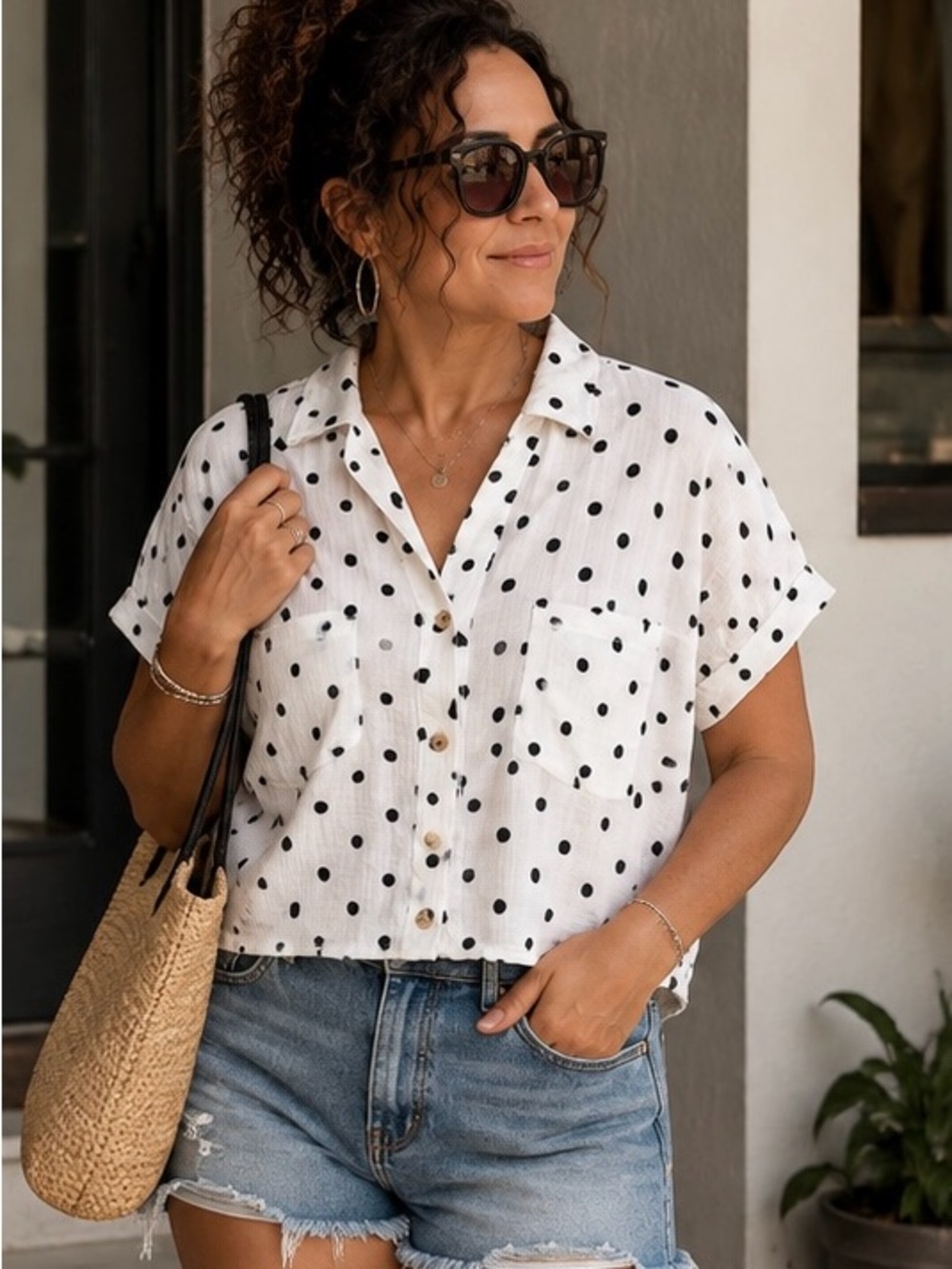 Love Notes Polka Dot 100% Cotton Button Front Crop Top Size M